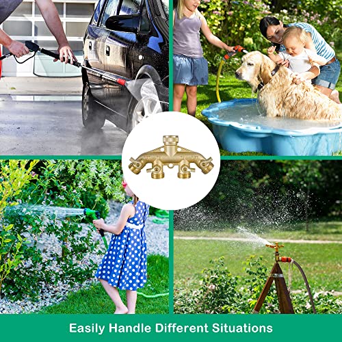 Image of Hourleey Brass Garden Hose Splitter (4 Way), Solid Brass Hose Connector 3 /4 inch, Hose Spigot Adapter 4 Valves with 4 Extra Rubber Washers