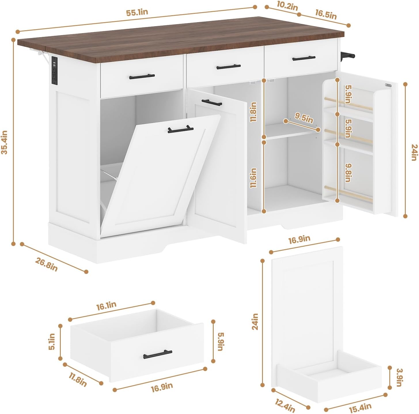 Kikihouse 55" Drop Leaf Kitchen Island Table with Power Outlet, Large Stationary Breakfast Bar with Storage Drawers, Trash Cabinet, Adjustable Shelves, Towel Rod & Spice Rack (White & Walnut)