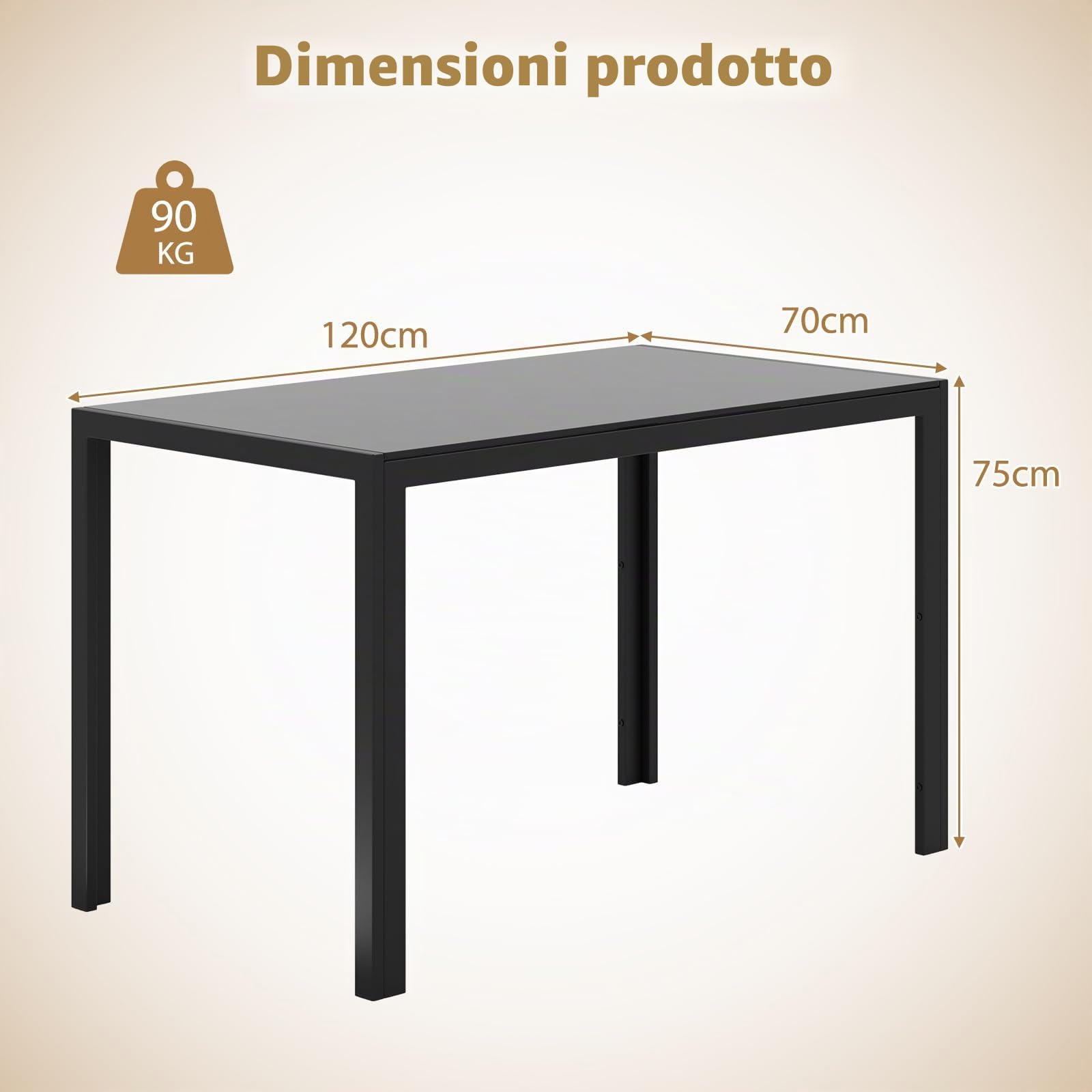 LIFEZEAL Tavolo da pranzo rettangolare 120 x 70 x 75 cm, piano in vetro temperato con gambe metalliche resistenti, capacità 90 kg, stile moderno per cucina e sala da pranzo, nero