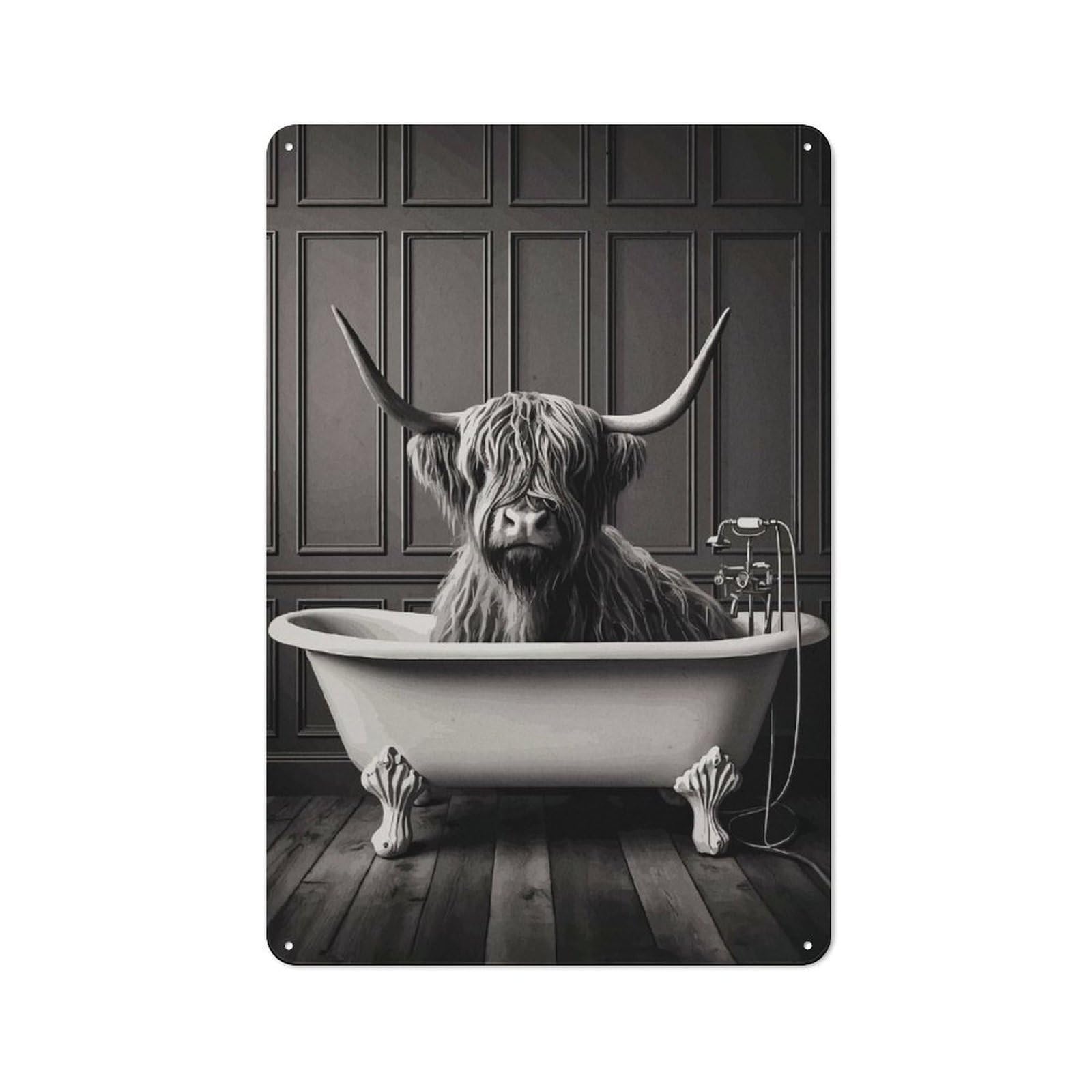 Junmoney Style-22 Retro Highland Cow In Bathtub Metal Gift Sign 30X20cm, Home Wall Decor For Flat, Dorm Room, Lounge Or Cafe