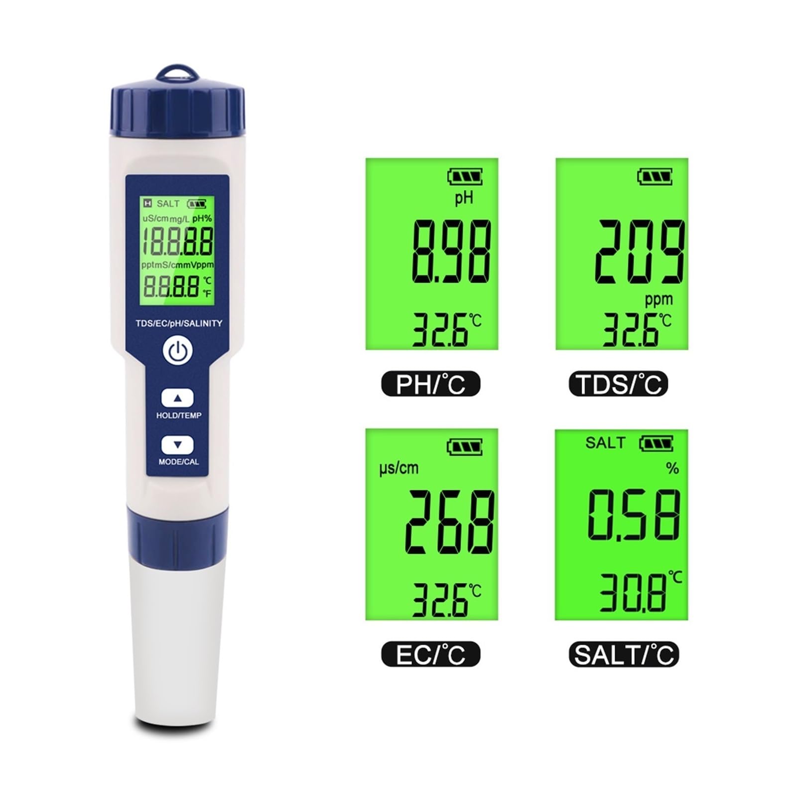 Kit per l'analisi dell'Acqua, Tester di qualità Acqua 5 in 1 LCD Digitale PH/TDS/EC/Sale/Temp Misuratore Ez 9909 Monitor for Piscine Acqua Potabile Acquari