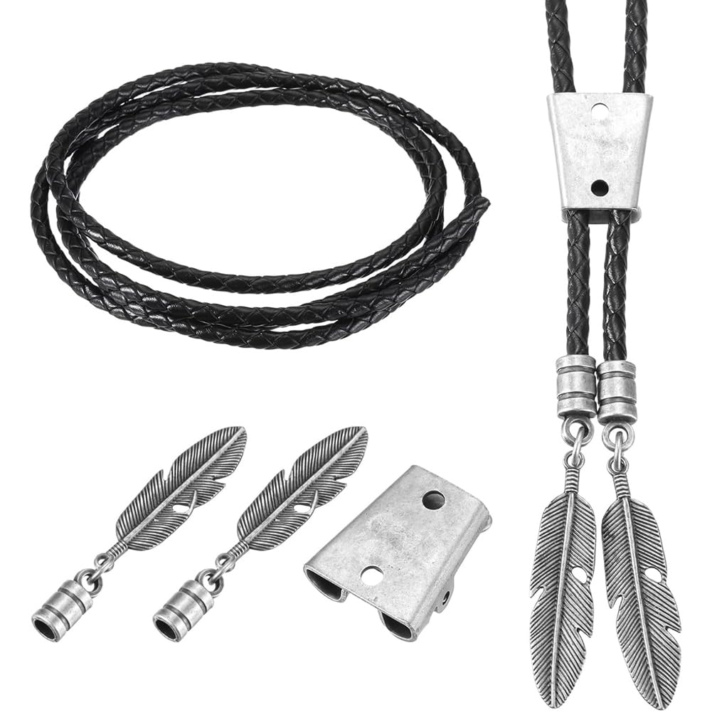 UDSKNV[KSL for DIY Bolo Tie Accessory Finding Kit Includes Slide Clasps, 1 Yard Black Leather Braided Cord A