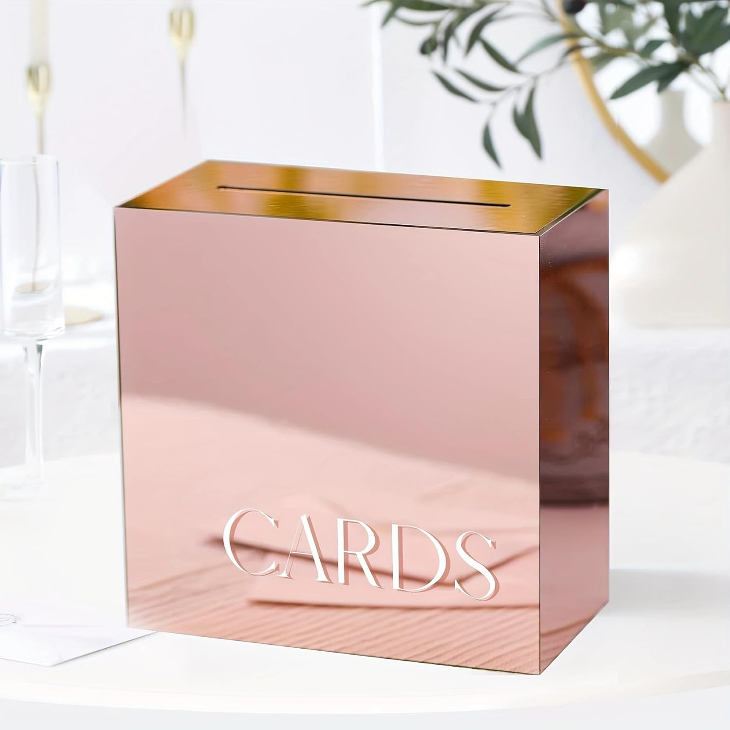 Gold Mirror Acrylic Wedding Card Box with Slot, Metallic Large 10x10x5.5 inch Thick DIY Wedding Receptions Wishing Well Money Box, Graduation, Birthday, Memory Box (Rose Gold)