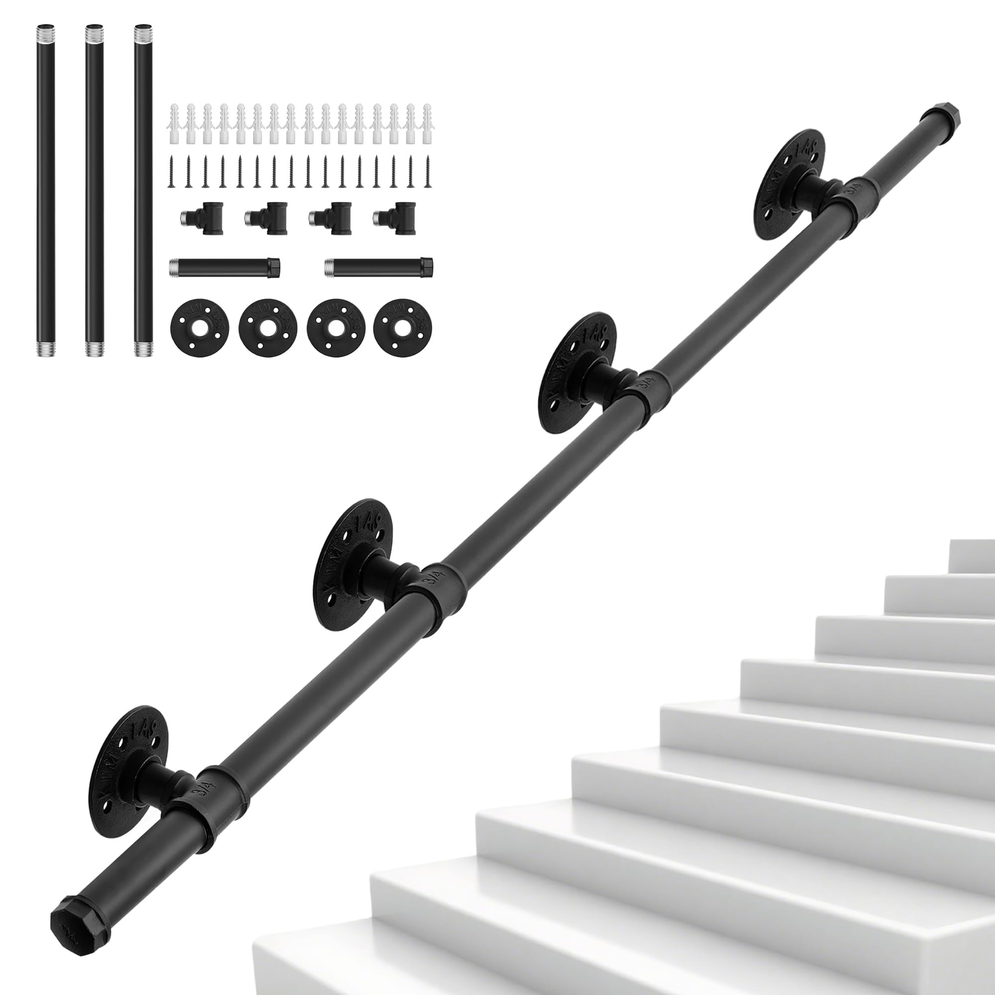 Main Courante en Fer de Style Industriel - Finition Noire Haute Résistance 150KG
