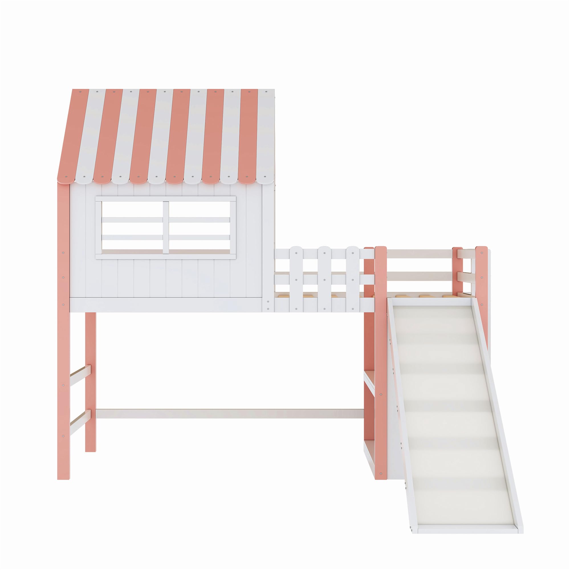 Dolamaní Kinderbett Etagenbett 90x200 cm mit Stauraum Regal und Rutsche, Hochbett mit Rausfallschutz, Holzbett mit Lattenrost, Hausbett mit Dach eines Hauses ohne Matratze (Rosa)