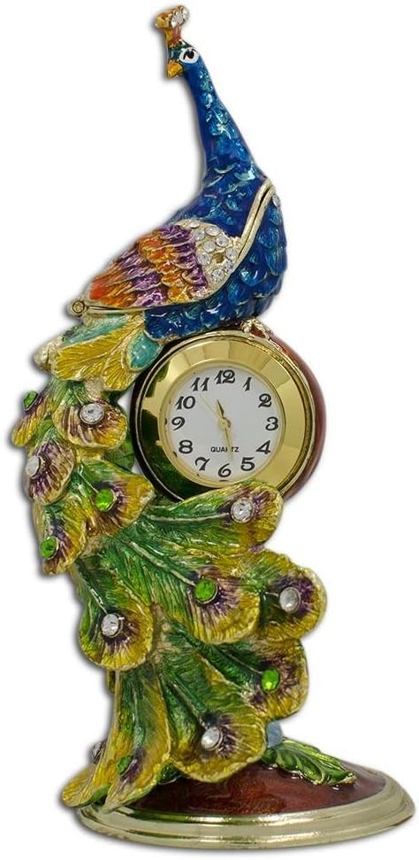 BestPysanky Peacock Sitting on a Clock Trinket Box Figurine 5.5 Inches