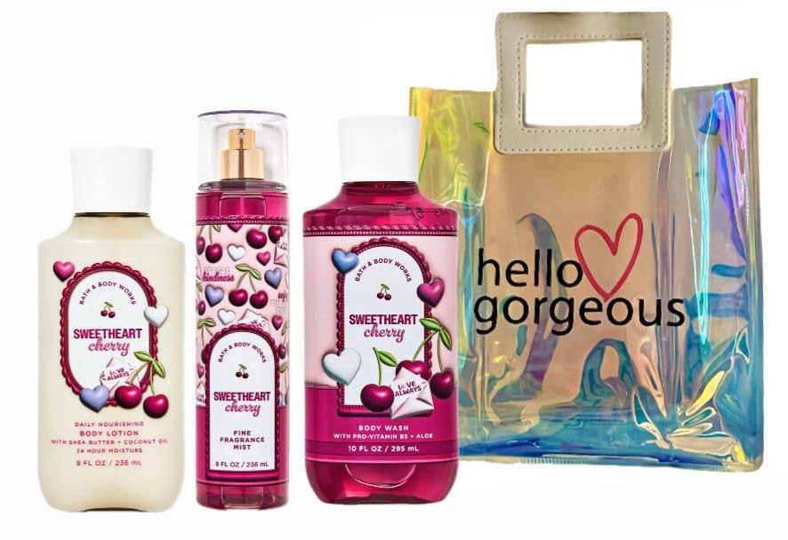 Valentine's Day Collection - Sweetheart Cherry - White Barn - Bath Body/Work - 3 Piece Bundle - Premium Beauty - Full Size and Hello Gorgeous Gift Bag (Packaging May Vary)