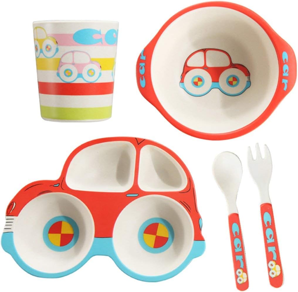 Kids Dinnerware Set, 5 Piece Car Shaped Plate and Bowl Set, Divided Plates with Spoon and Fork, Picky Eater Friendly, Dishwasher Safe, Gift for Toddlers
