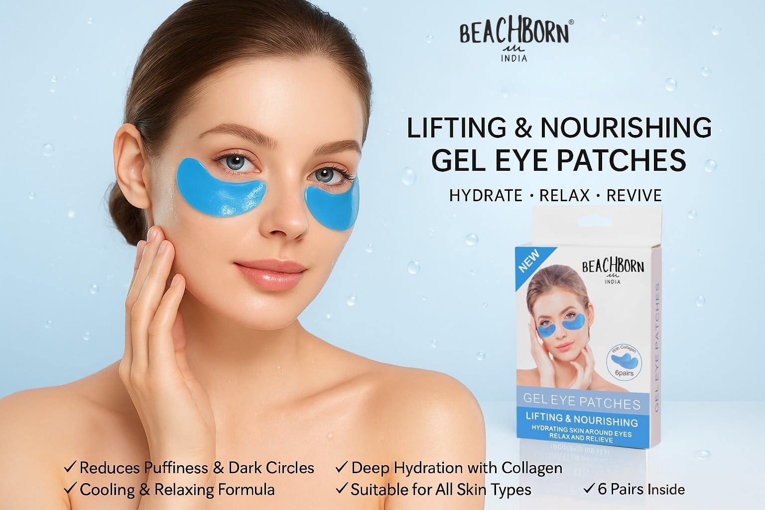BEACHBORN INDIA Gel Eye Patches 6 Pairs With Collagen Lifting & Nourishing Hydrating & Refresh for Puffy Eyes, Under Eye Bags & Dark Circles, Natural Collagen Eye Gels Pads, Crystal Anti-Aging Eye Mask(BLUE) 1