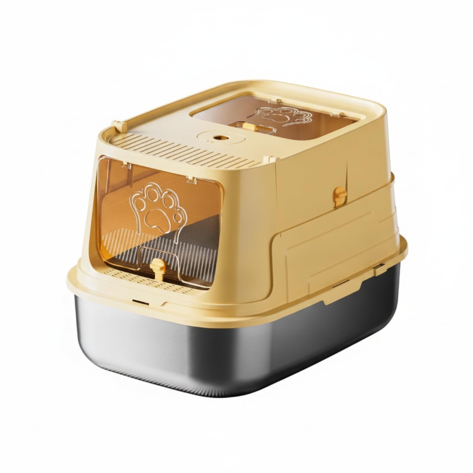 Arenero con Banja Acero Inoxidable Higiénico Arenero Cerrado Antiadherente para Interiores, Amarillo