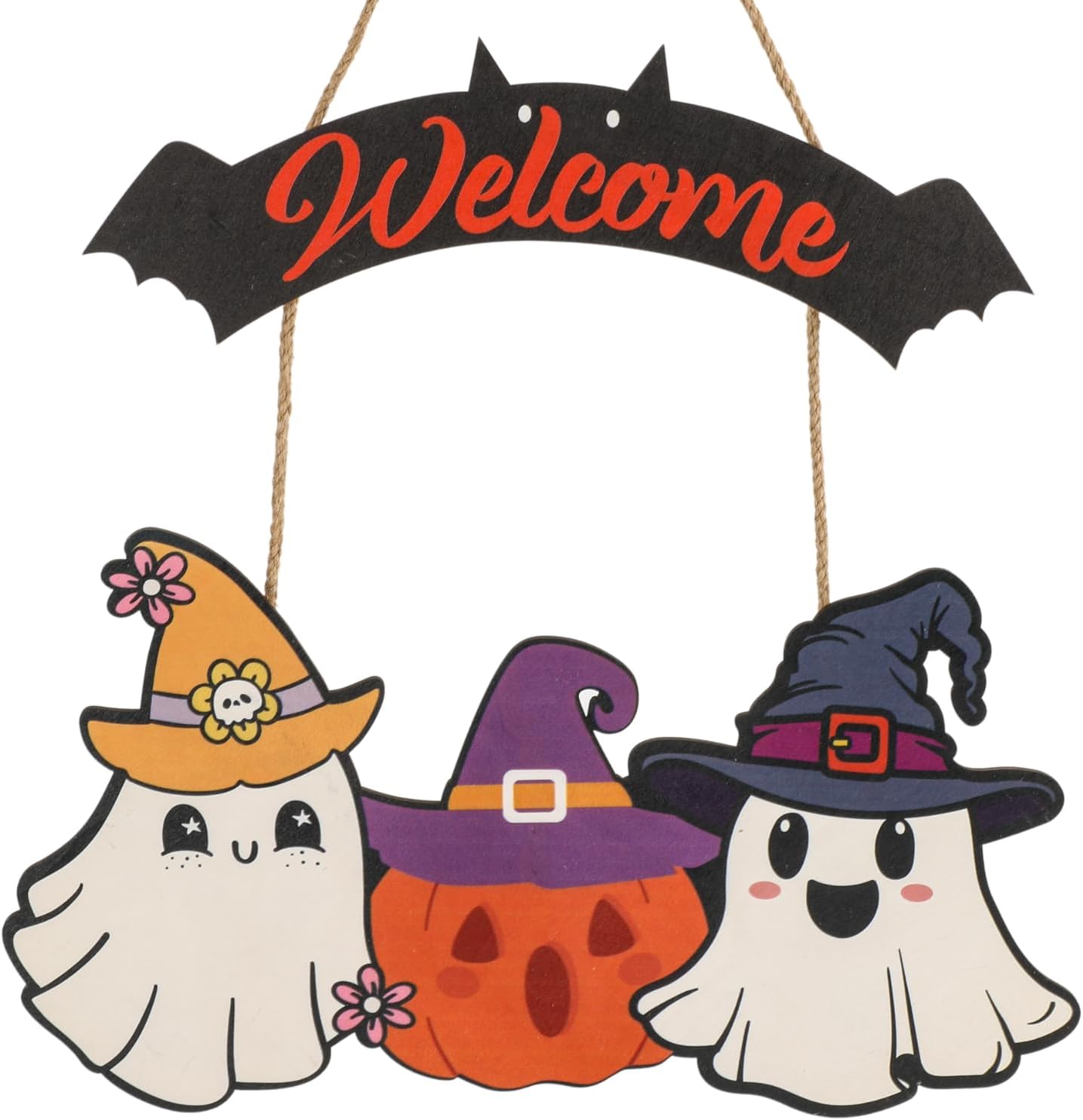 Halloween Wooden Wreath,Welcome Hanging Sign Decorations,Cute Ghost Pumpkin Wood Wreath for Front Door, Halloween Vintage Rustic Door Sign for Indoor Outdoor Decoration Pumpkin Ghost