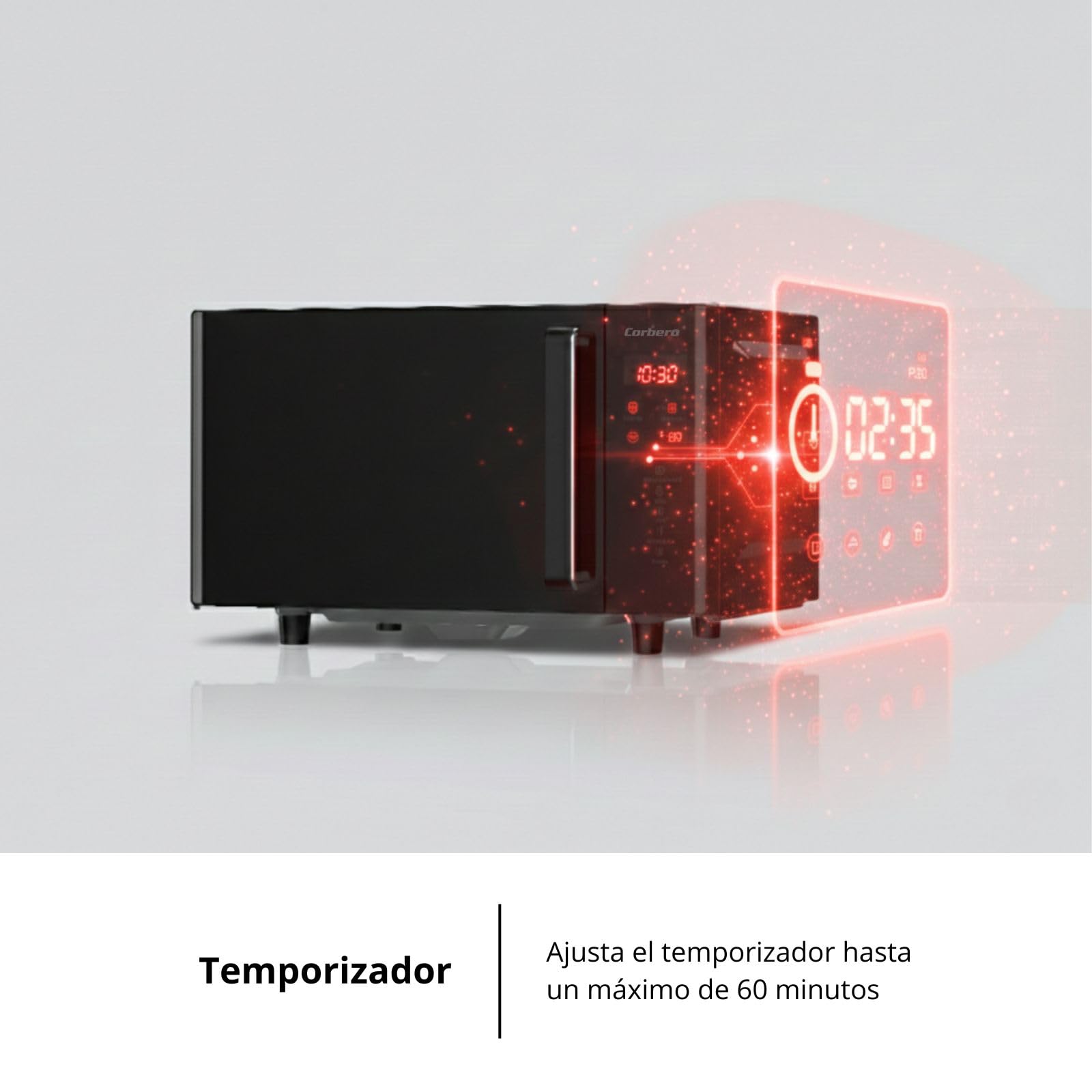 Corberó – Microonde senza piatto girevole con griglia | CMICW8023DF | 23L | 800W | Auto Menu | 5 Livelli di Potenza | Digital Touch | Funzione Sbrinamento | Pizza | Nero