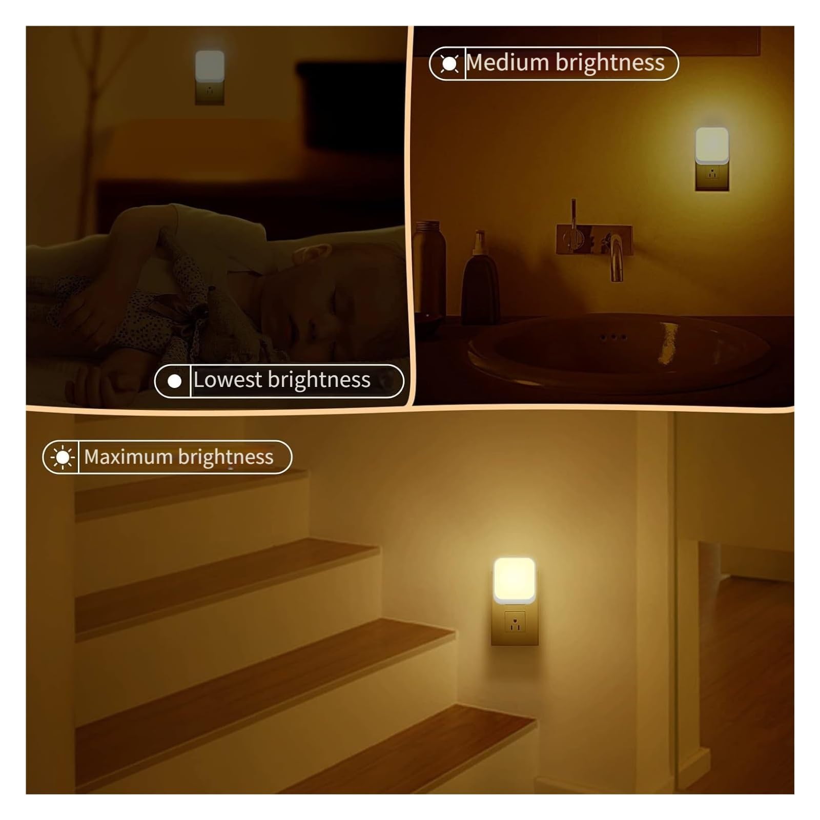 Lampka nocna LED 3 Regulacja jasności za pomocą czujnika ruchu od zmierzchu do świtu Możliwość przyciemniania wtyczki Lampka nocna do sypialni, łazienki, kuchni(2pcs EU Plug)