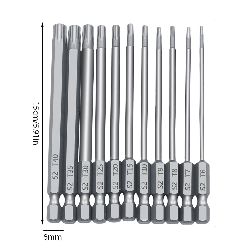 Lot de 11 embouts de tournevis à poignée hexagonale - Outils de vissage en alliage d'acier Torx - Travail du bois - Haute précision - 150 mm