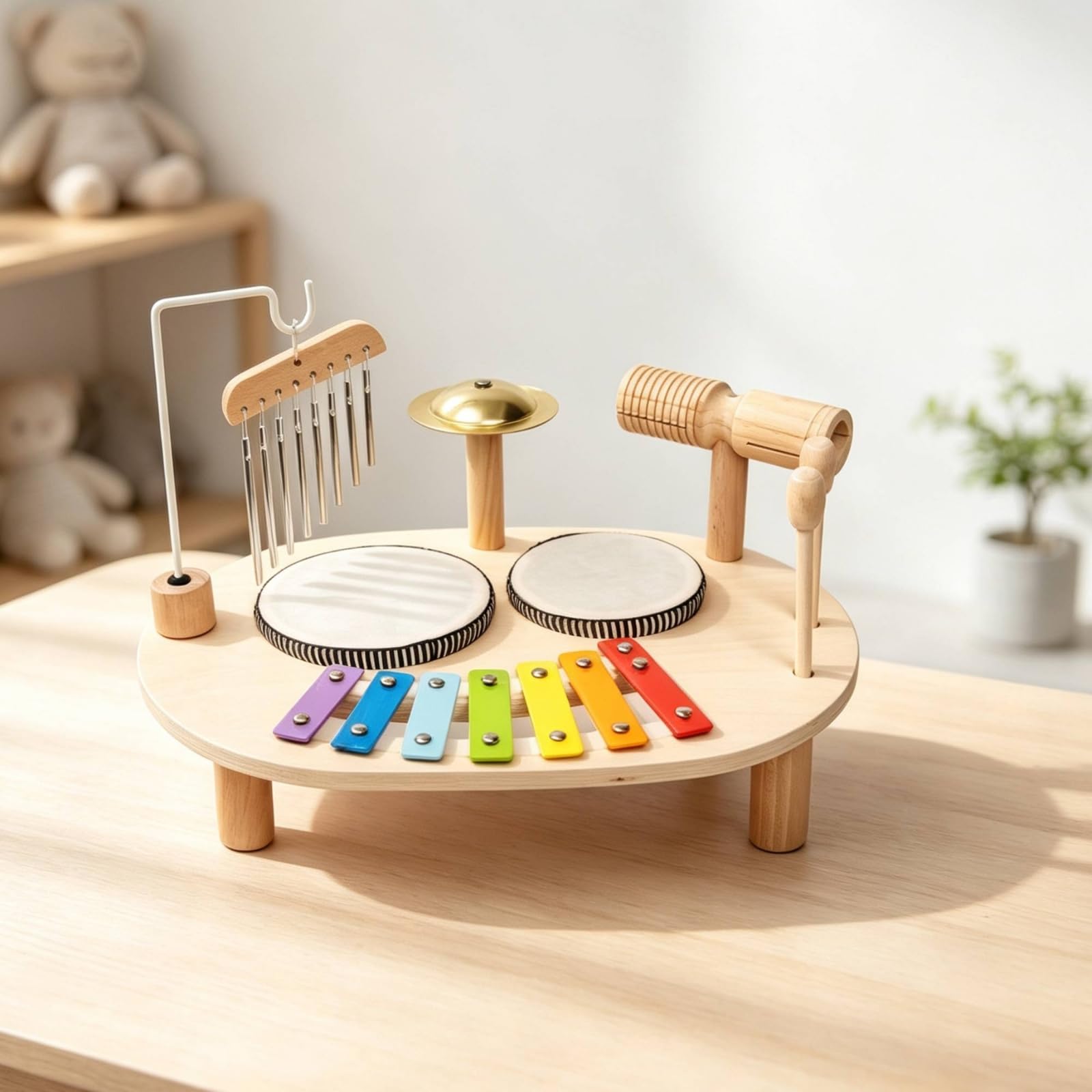 Colcolo Juguete de Percusión para Niños con Completa Base de Mesa con Llaves Metálicas Coloridas Tambores Platillo y Bloque Incluye Mazos Madera y Metal