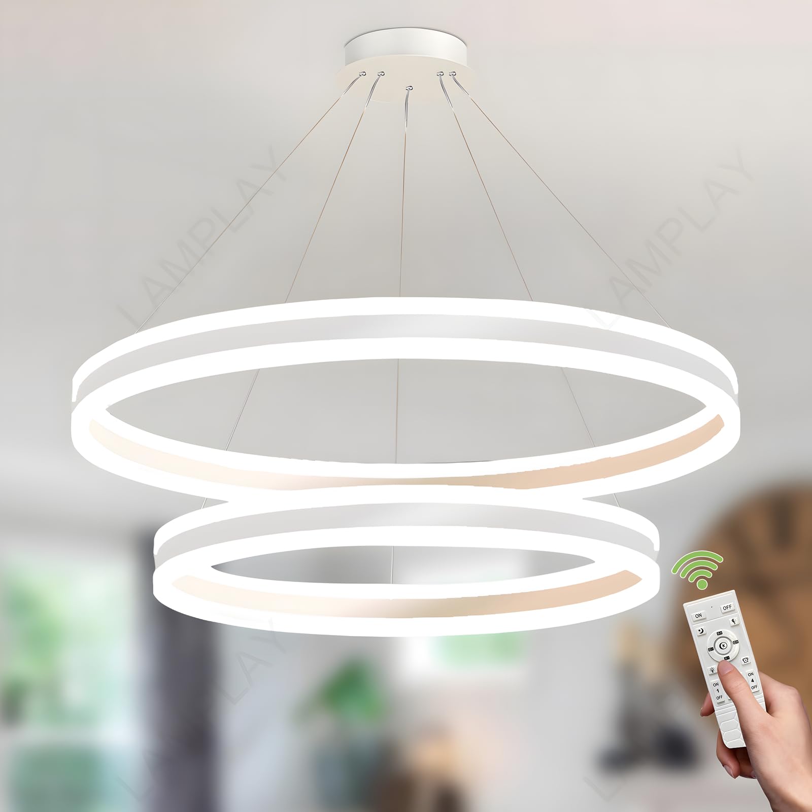 Lamplay White Round Led Modern Pendant Light, 2 Ring Chandelier, Dimmable With Remote Control 3000K-6000K Ceiling Light, Height Adjustable, Foyer Living Room Bedroom Dining Kitchen Island (Ø80+100Cm)