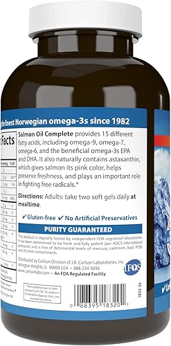 Miniatura 3 de Carlson - Aceite de salmón completo, 700 mg de omega-3 + astaxantina, apoyo cardiovascular, función cerebral y salud de las articulaciones, noruego,