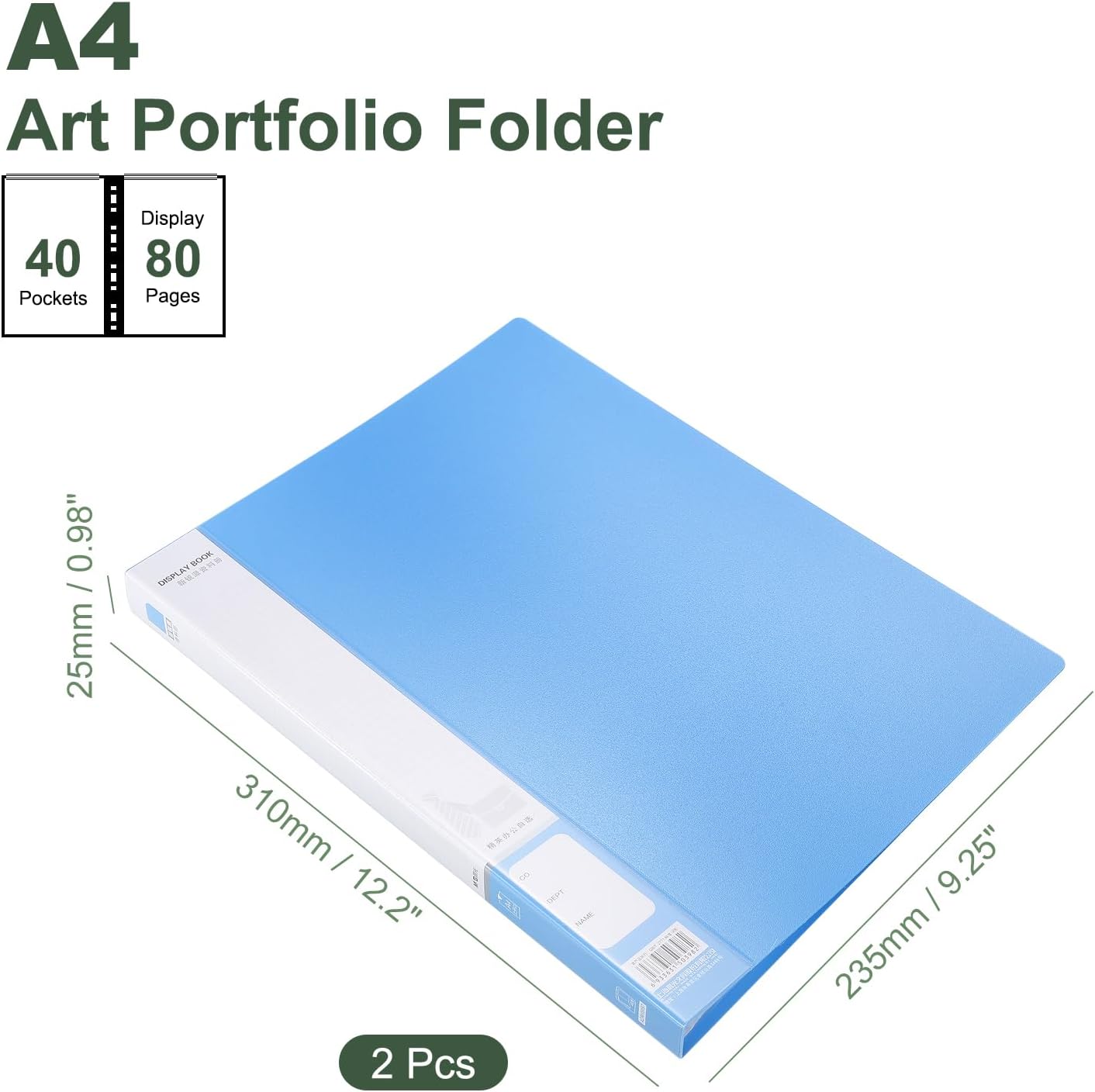 M&G 40-Pocket Binder with PP Plastic Sleeves A4(Blue), 3 Pack Art Portfolio Folder with Clear Sheet Protectors, Display 80 Pages for Organizing Documents, 310x235x25mm