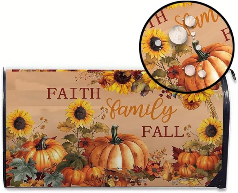 Faith Family Fall Magnetic Mailbox Cover with Pumpkins, Sunflowers, Waterproof Oxford Cloth Mailbox Wrap, Outdoor Garden Yard Home Decor for Standard Size 18" x 21"