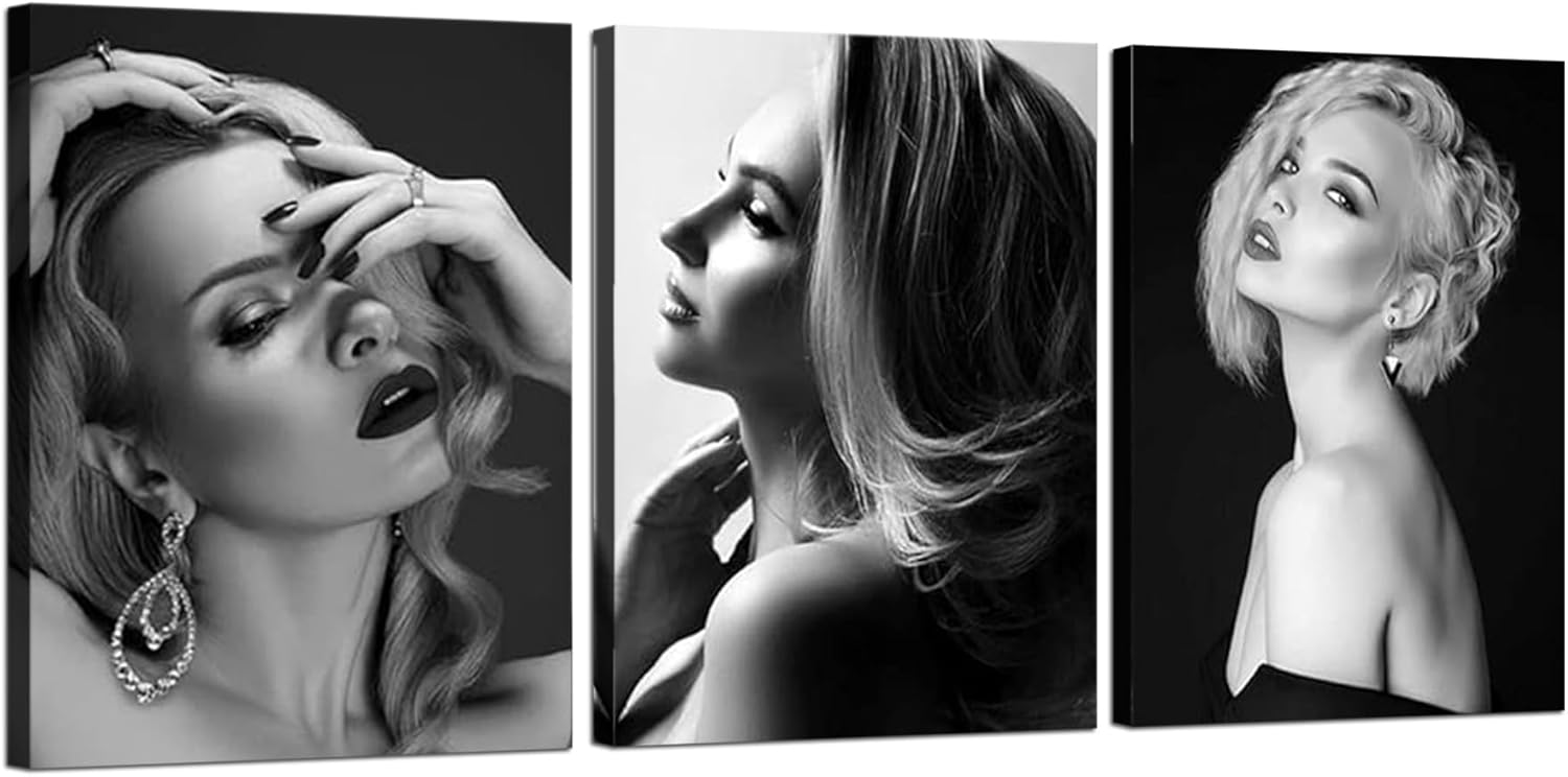ARNLRDYA Hair Salon Wall Art Canvas Printings Beauty Women with Fashion Hairstyles Wall Decor for Girls Bedroom Barbershop Decoration Black and White Picture Poster Framed Ready to Hang(36''Wx16''H) 36L" x 16W" Artwork-01