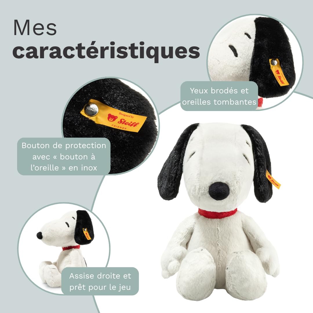 Peluche Steiff Snoopy 30 Cm – Cuddly Friends – Doudou Blanc Et Noir – Yeux Brodés, Bouton Inox Dans L’oreille – Lavage 30°C – Dès 0 Mois