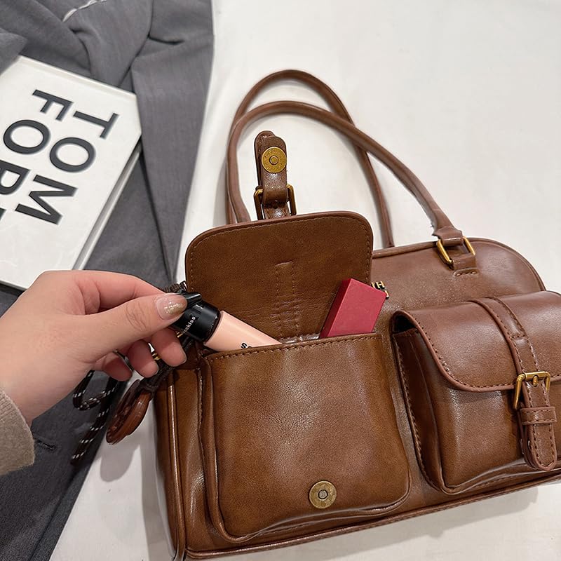 Y2K Shoulder Purses for Women Multi Pockets Designer Handbag Satchel PU Leather Retro Boston Handbag with Pendant2