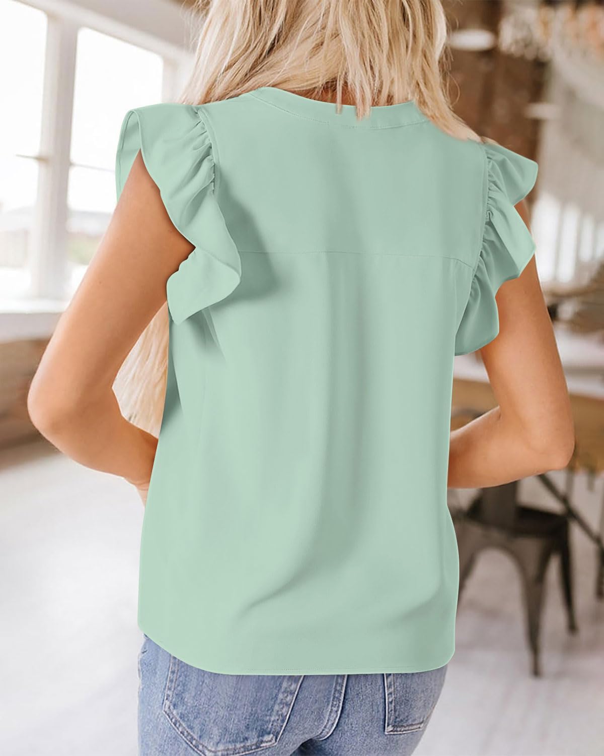 Zenlonr Womens Summer Tops 2026 Casual V Neck Ruffle Cap Sleeve Blouse Shirts Solid Color Tunic Tops - Image 5