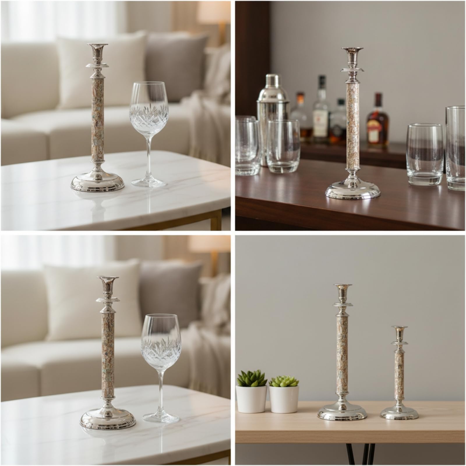 Stabkerzenhalter mit Muscheleinlage rativ Kerzenhalter aus Metall schimmernd Tischkerzenhalter für Wohnzimmer, Silber, Size to 2
