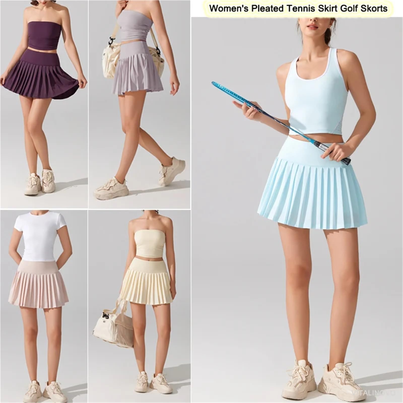 Tennisrock Damen Plissierter Tennisrock for Damen mit Taschenshorts, hoch tailliert, leicht, sportlich, Golf-Skorts, Röcke, fließend