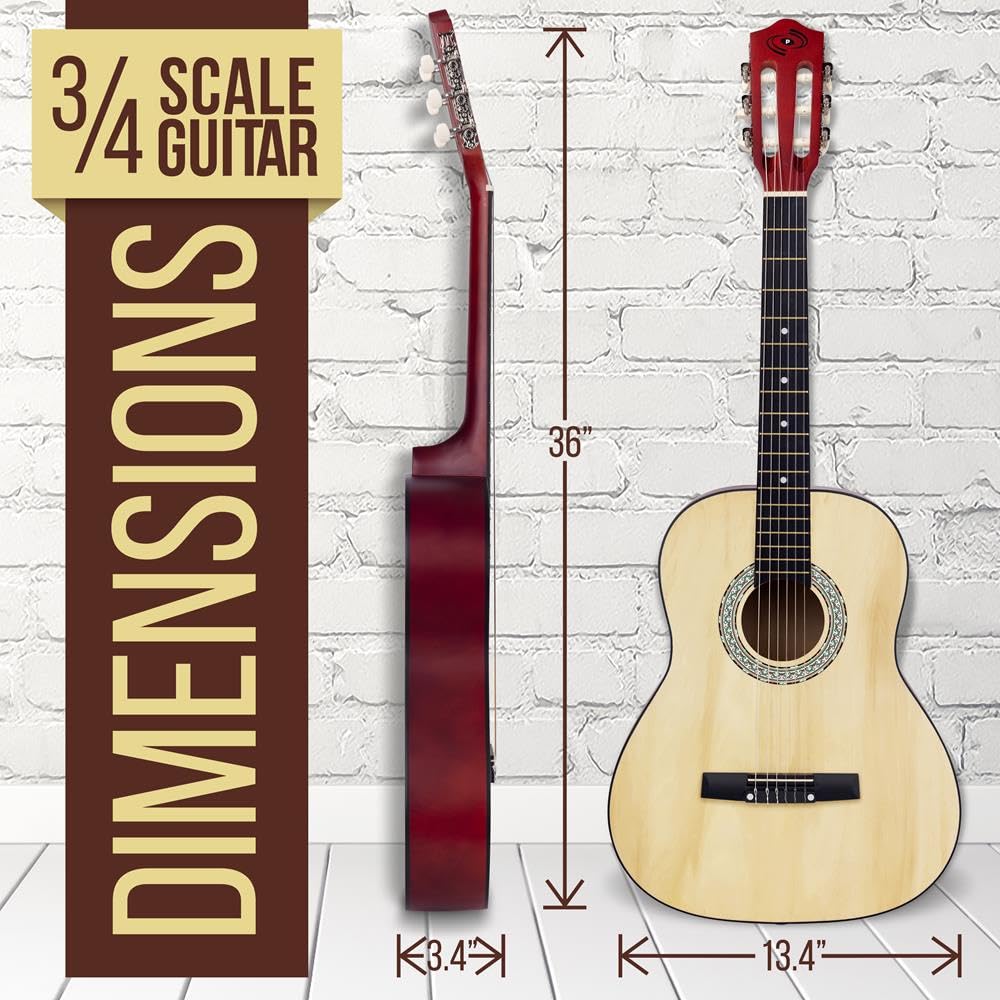 Pyle Kit chitarra acustica classica, strumento 3/4 Junior per principianti, adulti, 36 colori naturali opachi