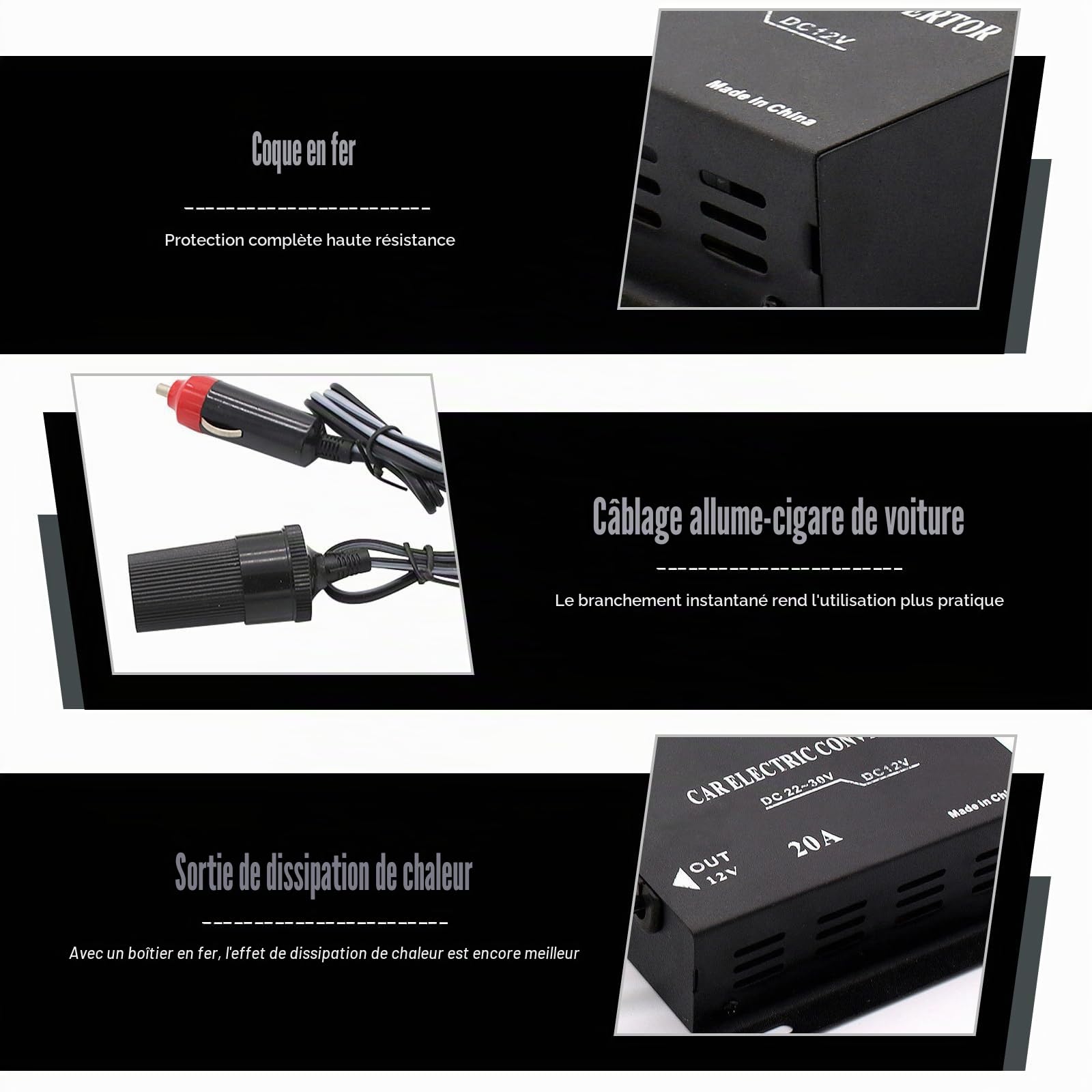 Réducteur De Tension De Voiture, Alimentation Abaisseur Voiture 20a 24v vers 12v, 240W Convertisseur d'alimentation De Voiture avec Prise Allume-Cigare, 20a Transformateur Abaisseur De Tension