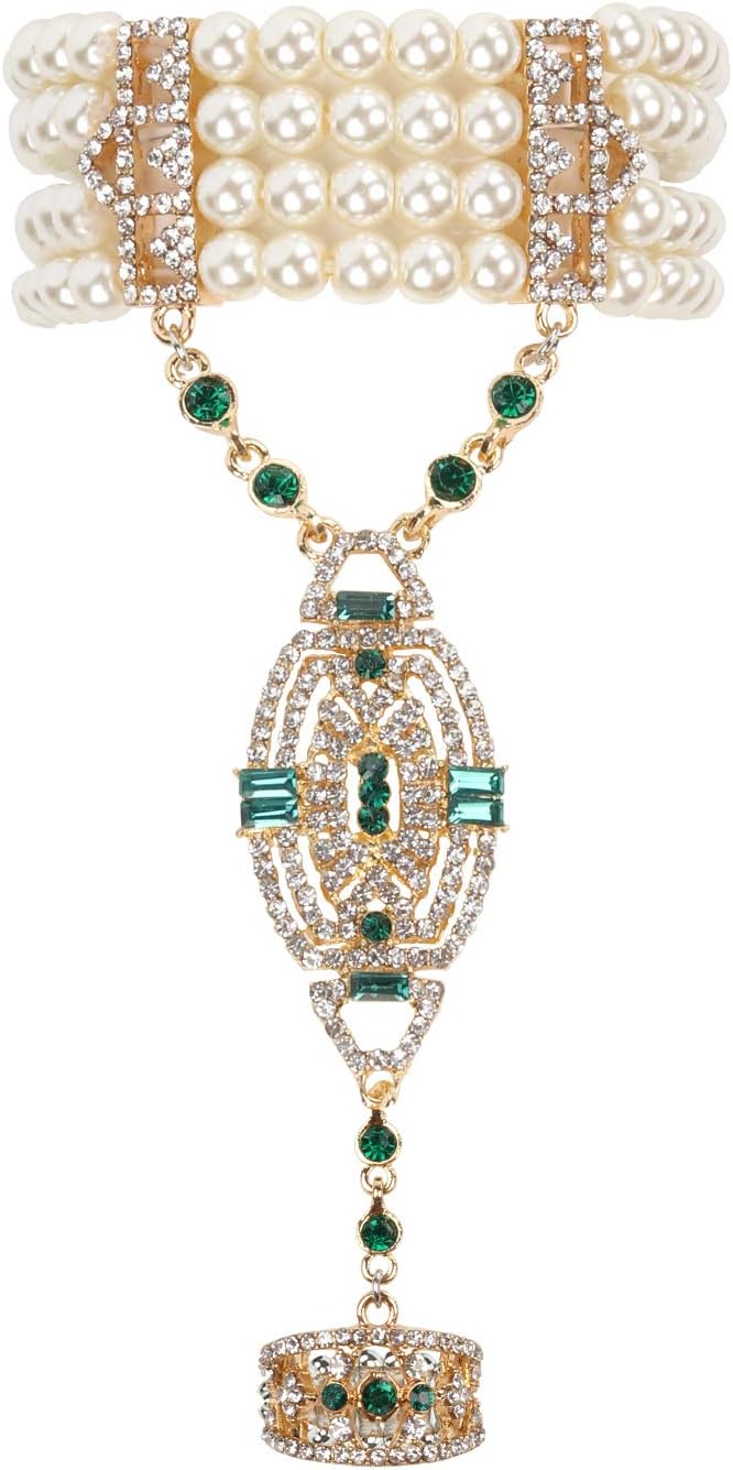 1920s Flapper Bracelet Bangle Simulated Pearl Crystal Bracelet Adjustable Ring Set Great Gatsby Jewelry Accessories