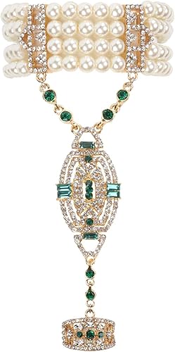 Metme 1920s Flapper Pulsera Anillo Set Gatsby Accesorios Imitación Perla Cristal Pulsera Anillo Ajustable