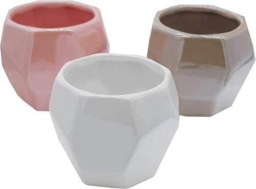 Miniatura 5 de Admired By Nature Juego de 3 macetas pequeñas de cerámica con diseño geométrico de 3 pulgadas para suculentas