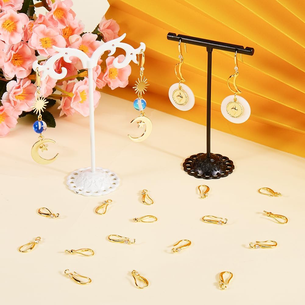 Beebeecraft 1 Box 20Pcs Earring Hooks Real 18K Gold Plated Brass Earring Findings with Cubic Zirconia Ear Wire with Loops for Jewelry Making