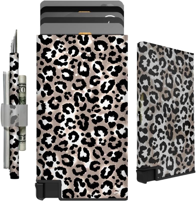 Stylish Ultra Slim Wallet RFID Blocking Premium Aluminum Card Holder w/Trigger to slide up cards – Complete Packaging w/Accessories – Leopard