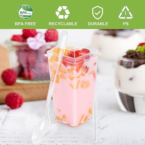 Miniatura 5 de Paquete de 200 tazas cuadradas de plástico de 5 onzas con cucharas, tazas de yogur para parfait para fiesta, mini tazas de postre con cucharas,
