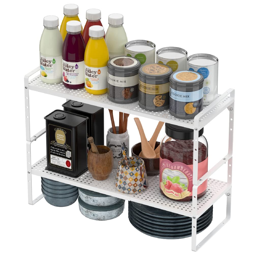 Scaffale espandibile per armadietti, impilabile, per dispensa, sotto il lavandino, per cucina, bagno, ufficio, 2 pezzi, bianco