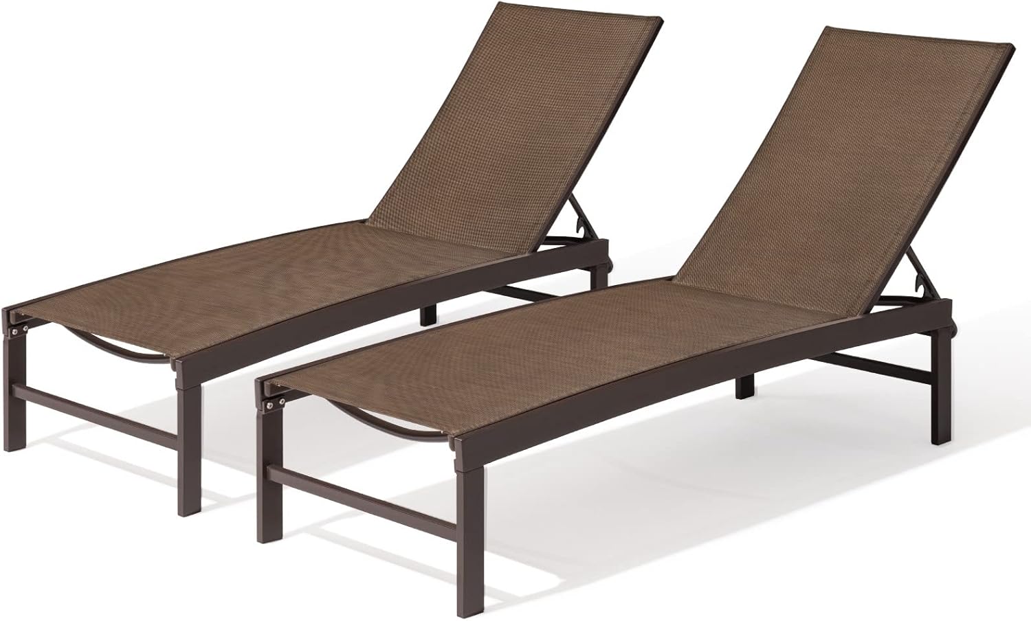 Crestlive Products Tumbona ajustable de aluminio para exteriores, sillón reclinable de cinco posiciones, diseño curvado, para todo tipo de clima para patio, playa, patio, piscina (2 piezas marrón)