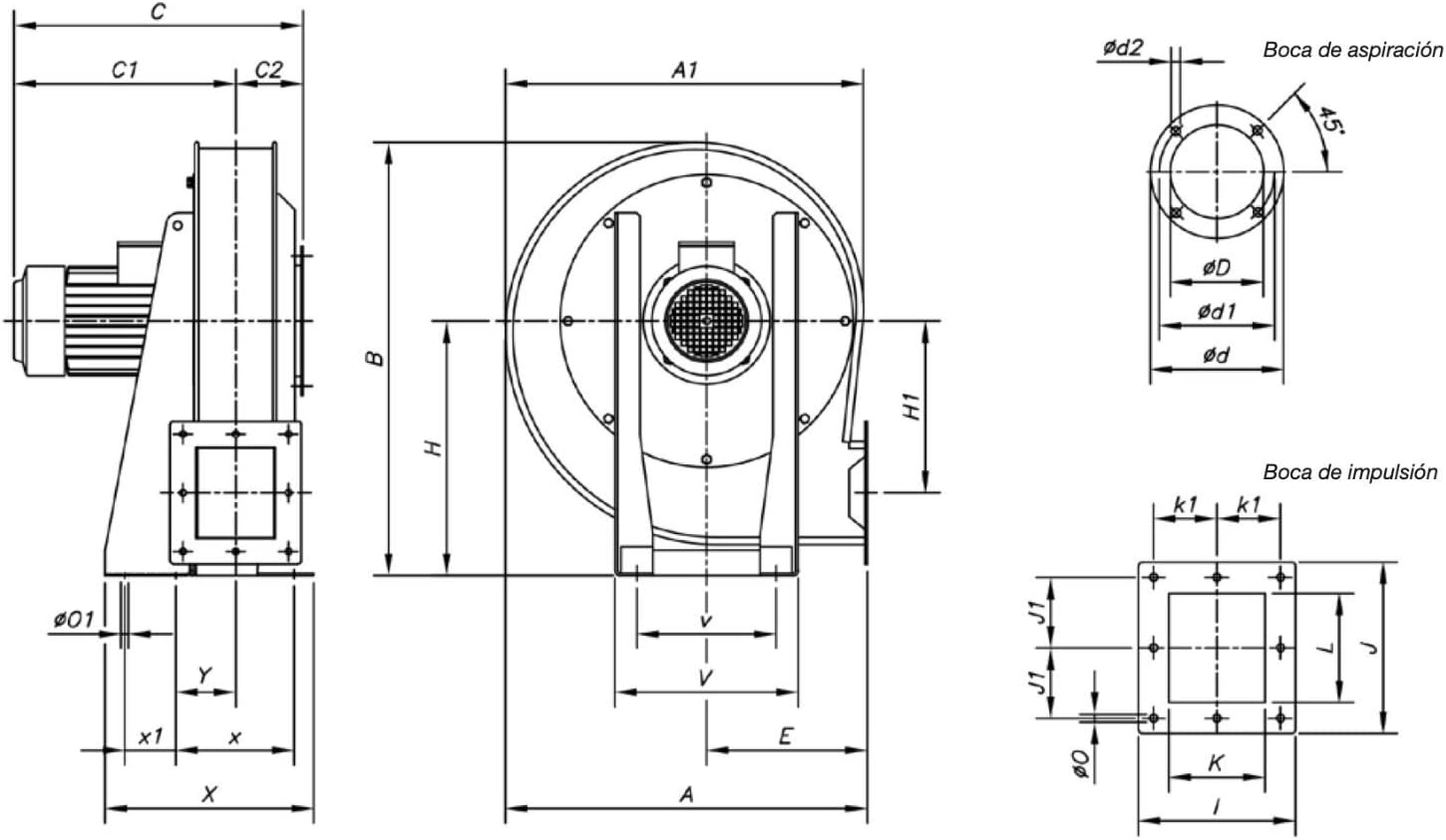 Technical drawing with dimensions of Sodeca CAM-545-2T-4 fan