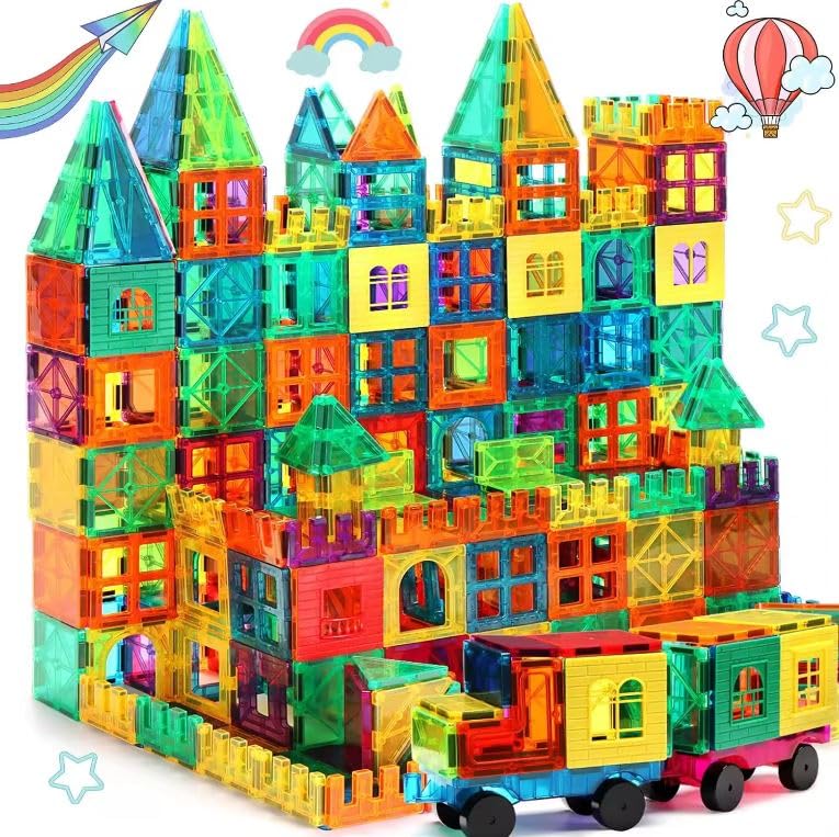 STEM 60 PCS Magnetic Tiles Building Blocks with 2 Cars for Kids, STEM Approved Educational Toys, Creative Learning Gift, Inspire Creativity and Imagination, 60 PCS Advanced Set with 2 Cars.