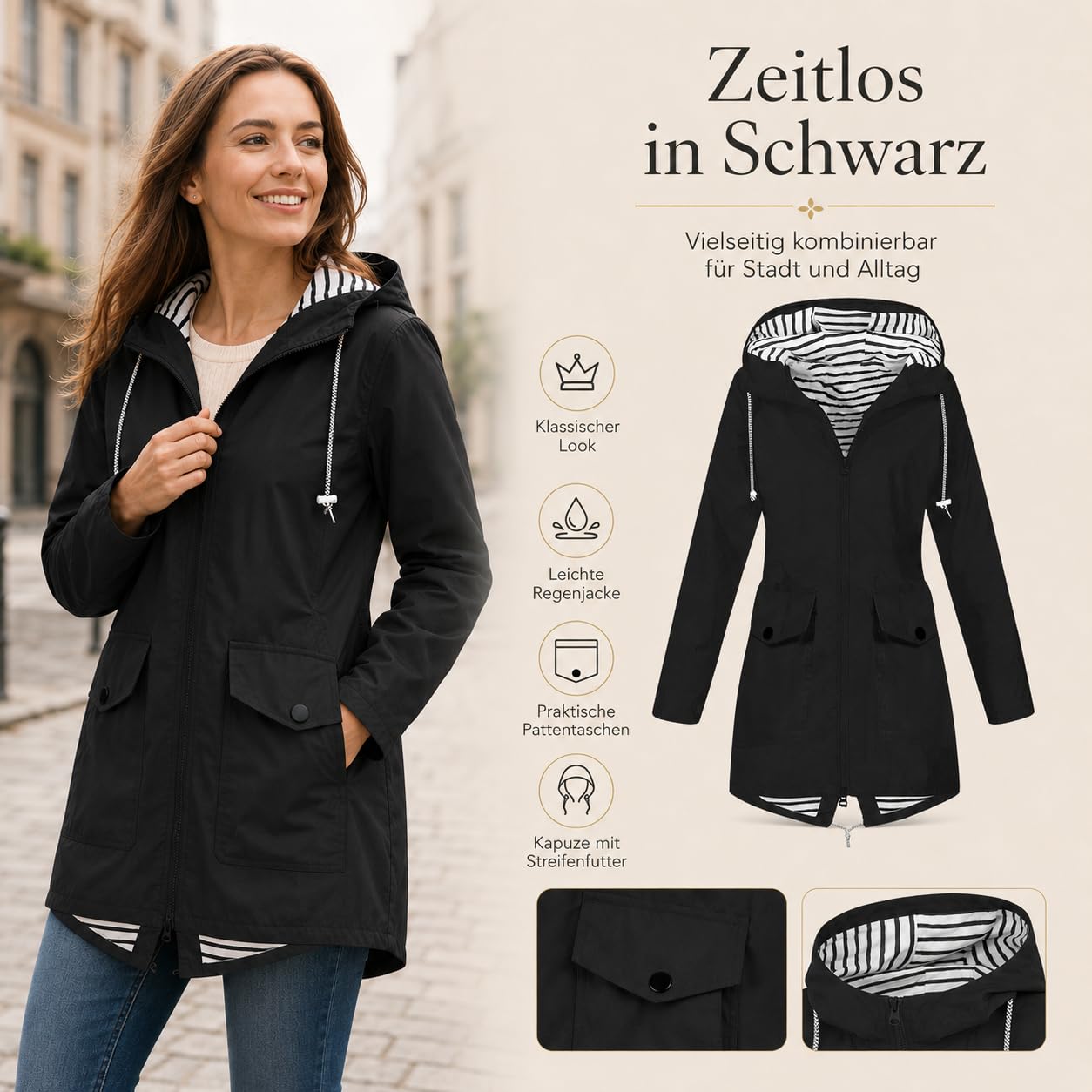Regenjacke Damen - Wasserdicht Kapuzenjacke Frauen Leichte Jacke mit Kapuze Taschen Outdoorjacke Windbreaker Übergangsmantel Funktionsjacke Übergangsjacke für Alltag Reisen Wandern Trekking