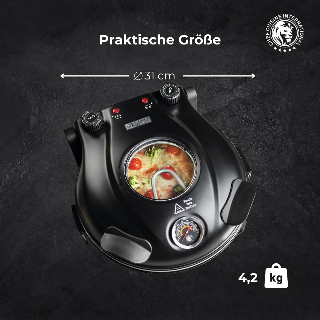 CHEF CUISINE Pizza Maker mit Keramikstein Ø 31 cm – Elektrischer Pizzaofen mit 1.200 Watt, Sichtfenster, Ober-/Unterhitze, inkl. Pizzaheber & Pizzaschneider – Ideal für Pizza, Flammkuchen & Fladenbrot