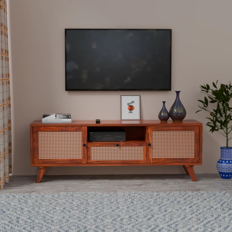 Image of Premium Solid Wood, 10 Minutes Assembly (Legs Only), Aesthetic Rattan Doors, Mid Century Entertainment Center for Living Room, TV Stand for 65 inch TV, Dark Chocolate (L-Lalai Fiinsh)