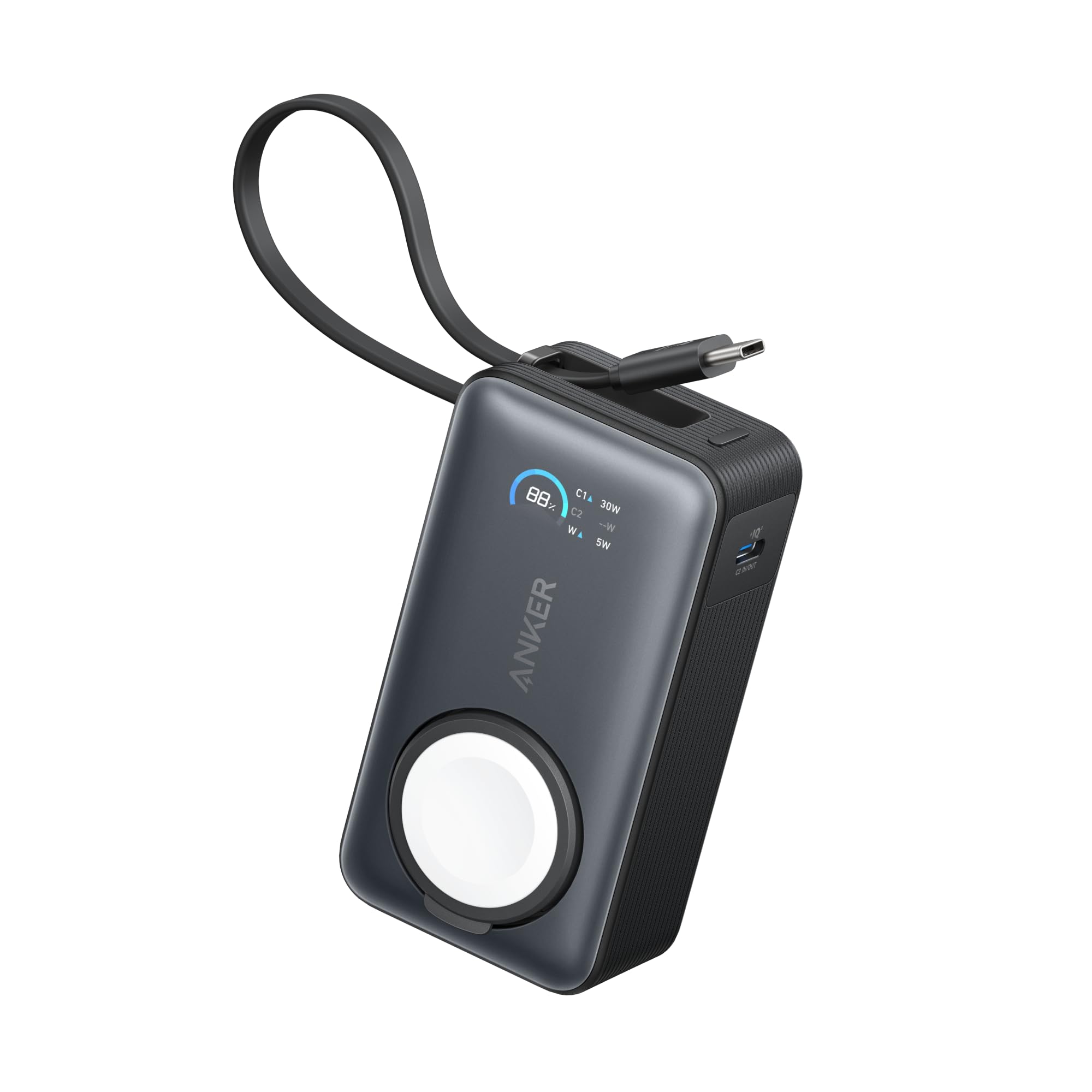 Anker MagGo Power Bank per Apple Watch, Batteria Certificata, Portatile e Compatta da 10.000mAh, Cavo USB-C Incorporato, 35W Max, per iPhone 16/15, Samsung, iPad, AirPods, e Altro Ancora