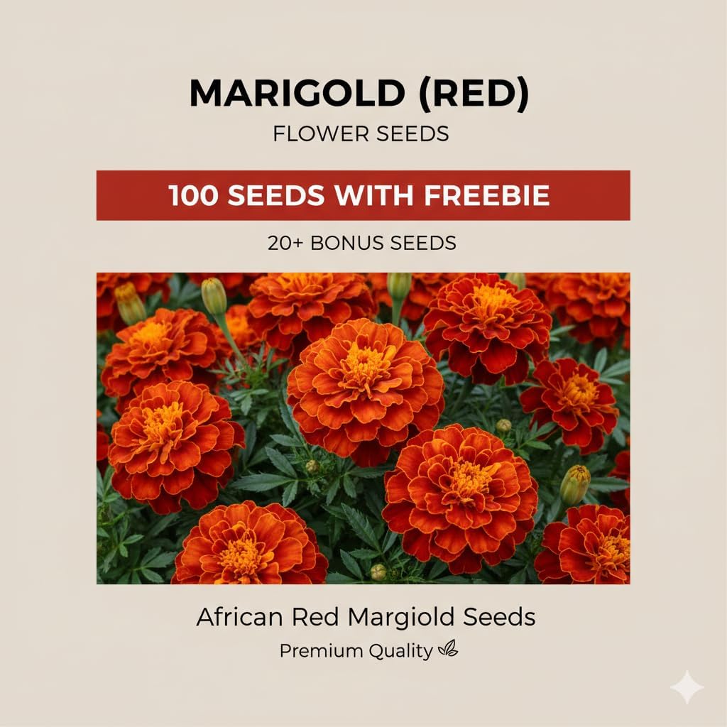 African Marigold Flower Seeds Red F1 Hybrid | Winter Season Plant | Outdoor Gardening | Big Red Marigold | 100 Seeds Pack + 20 Free-image-16