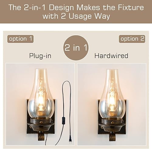 Miniatura 7 de Yisuro Aplique de pared enchufable, apliques de pared de bronce aceitado, lámparas de pared rústicas retro, apliques de iluminación de pared con