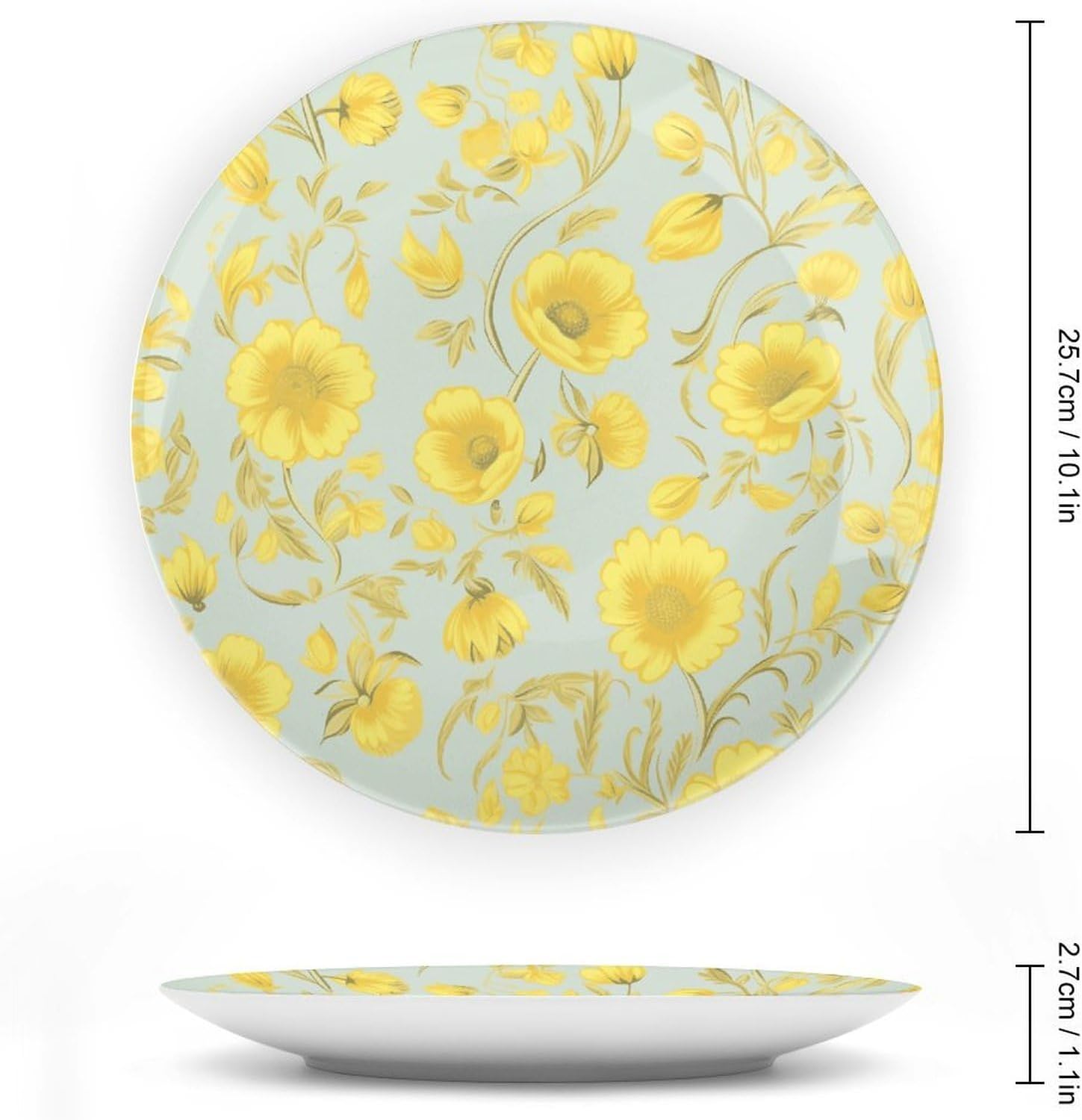 Yellow Flower Ceramic Plate 10inch Decorative Bone China Wall Hanging Ornament Plates Bohemian Style Dinner Plate with Display Stand Cabinet Display Plates for Home Art Decor