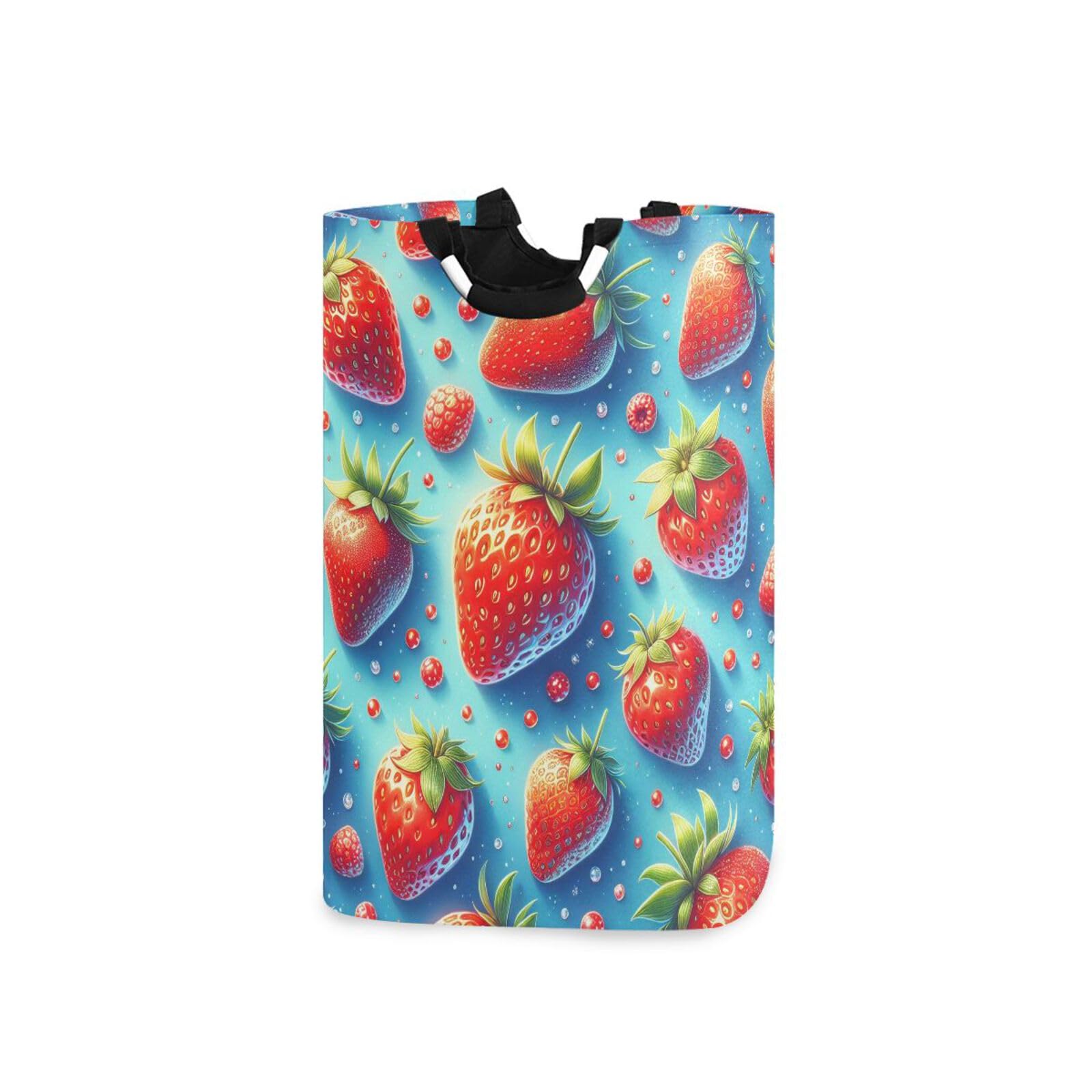 Jihqo Laundry Hamper Basket Vivid Strawberry Collapsible Nursery Storage Bin Waterproof Clothing Baskets for Home Bedroom Bathroom Washing Room