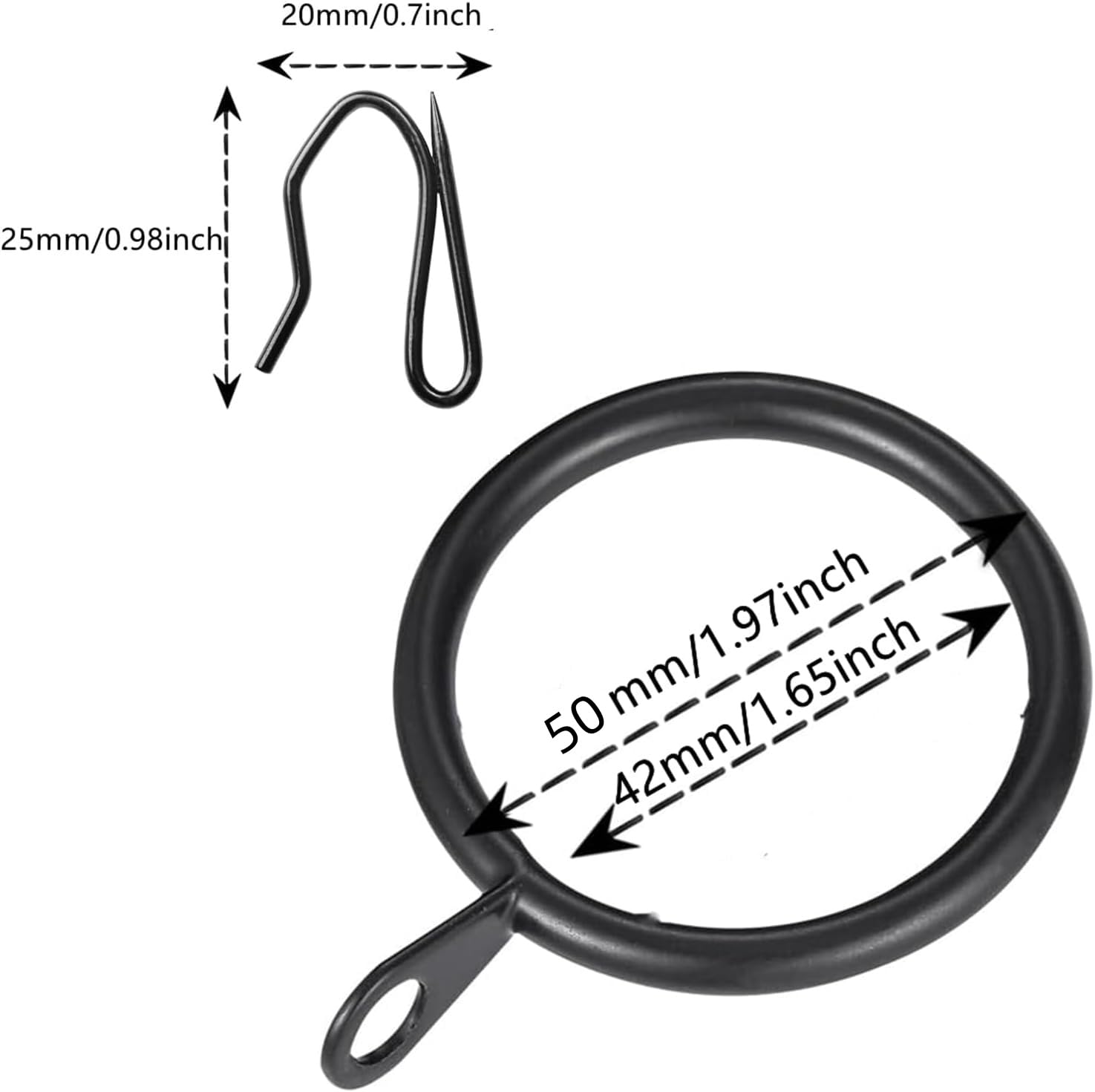 Gardinenringe aus Metall, 30 Stück und 30 Stück Metall-Vorhanghaken für Fenster, Tür, Duschvorhang, 42 mm Innendurchmesser (schwarz)